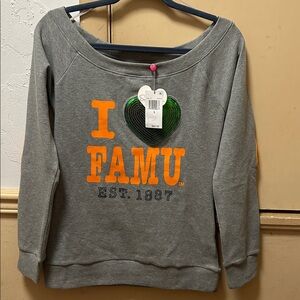 NWT Sacred Heart Collection Women “I Love FAMU" off-the-shoulder gray sweatshirt